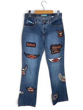 Vintage Y2K Harley Davidson Patches Biker Patchwork 1/1 Blue Denim Jeans Size 28